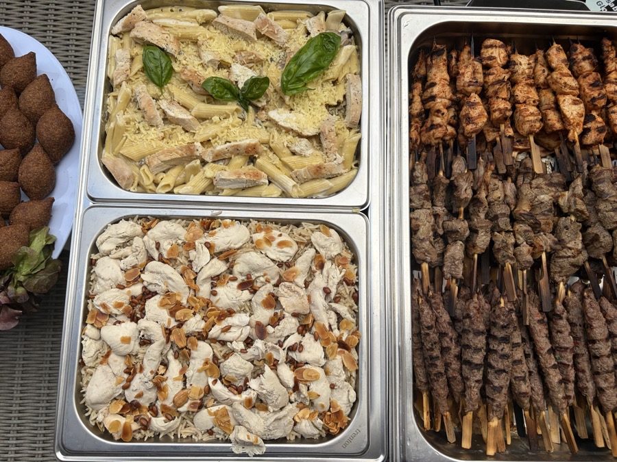 Chicken and rice, chicken pasta and mixed skewers